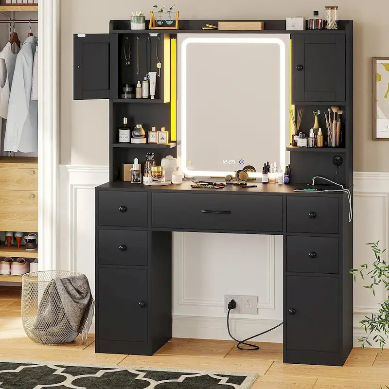 Coiffeuse 5 tiroirs avec miroir tactile et affichage de l'heure