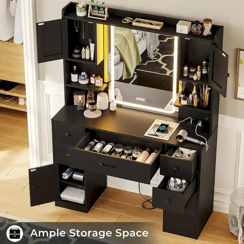 Coiffeuse 5 tiroirs avec miroir tactile et affichage de l'heure