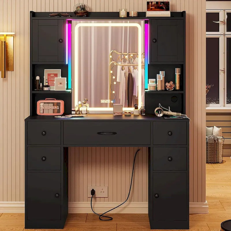 Coiffeuse 5 tiroirs avec miroir tactile et affichage de l'heure
