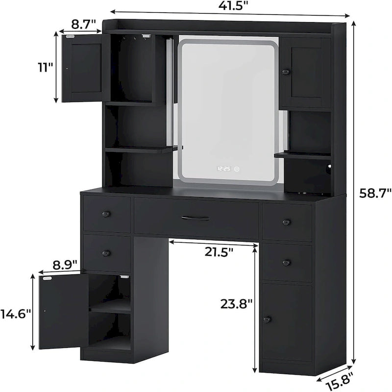 Coiffeuse 5 tiroirs avec miroir tactile et affichage de l'heure