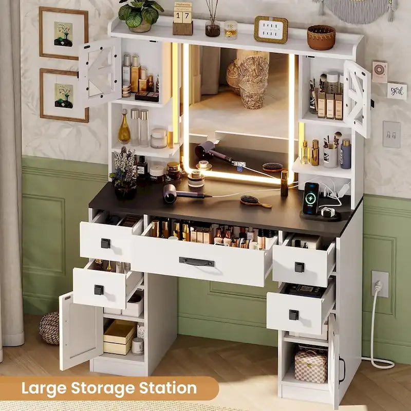 Coiffeuse 5 tiroirs avec miroir tactile et affichage de l'heure