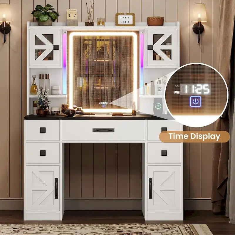 Coiffeuse 5 tiroirs avec miroir tactile et affichage de l'heure
