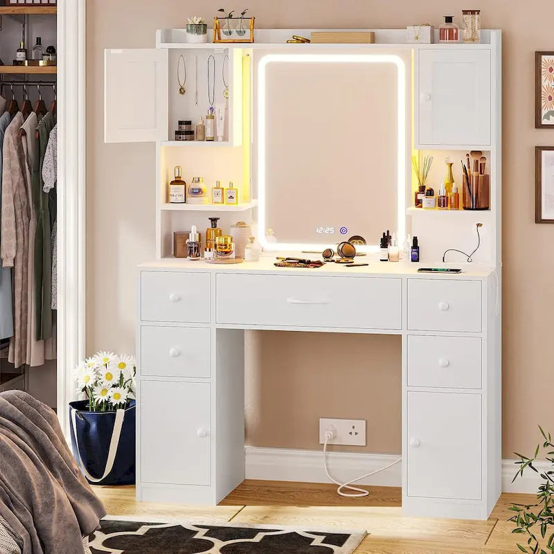 Coiffeuse 5 tiroirs avec miroir tactile et affichage de l'heure