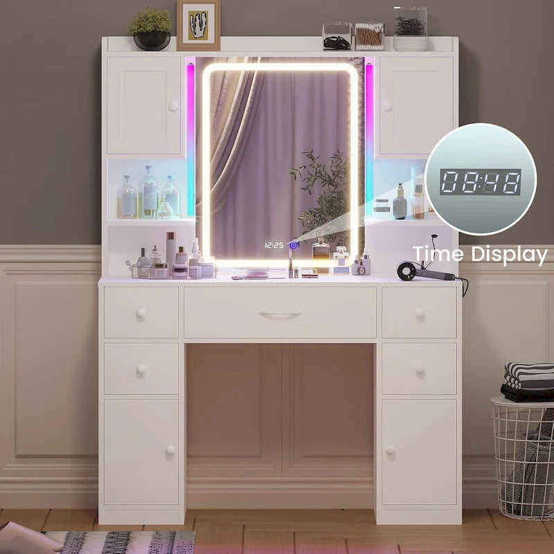 Coiffeuse 5 tiroirs avec miroir tactile et affichage de l'heure