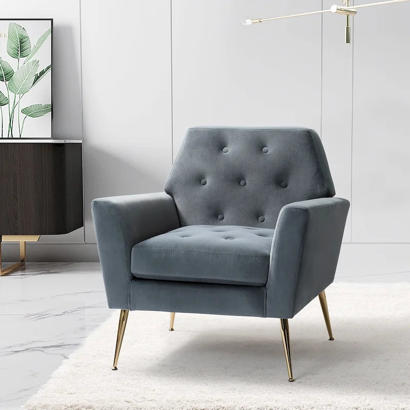 Fauteuil contemporain en velours capitonné avec pieds en métal doré par