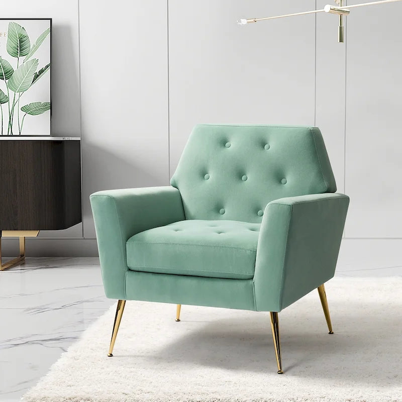 Fauteuil contemporain en velours capitonné avec pieds en métal doré par