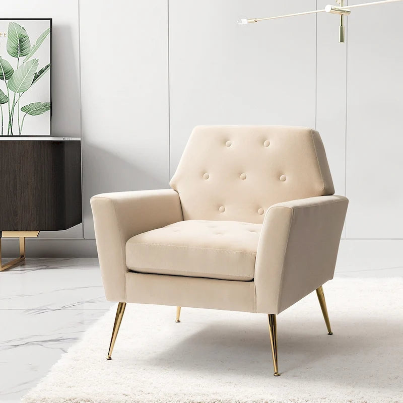 Fauteuil contemporain en velours capitonné avec pieds en métal doré par