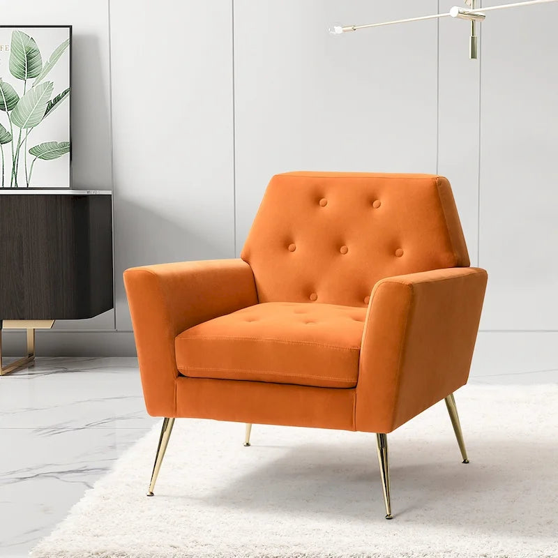 Fauteuil contemporain en velours capitonné avec pieds en métal doré par