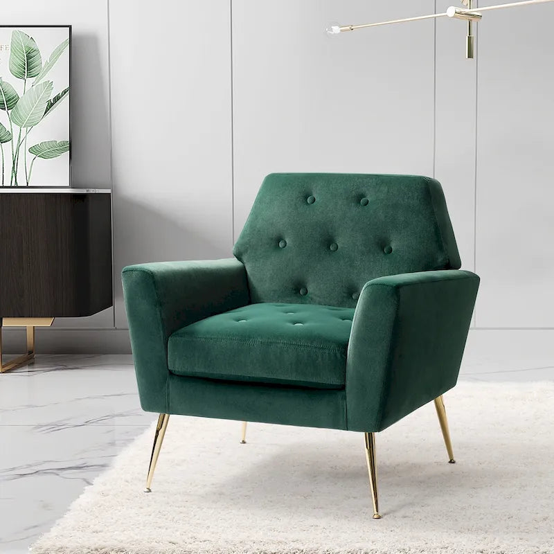 Fauteuil contemporain en velours capitonné avec pieds en métal doré par