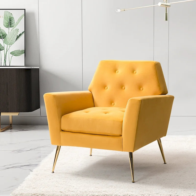 Fauteuil contemporain en velours capitonné avec pieds en métal doré par
