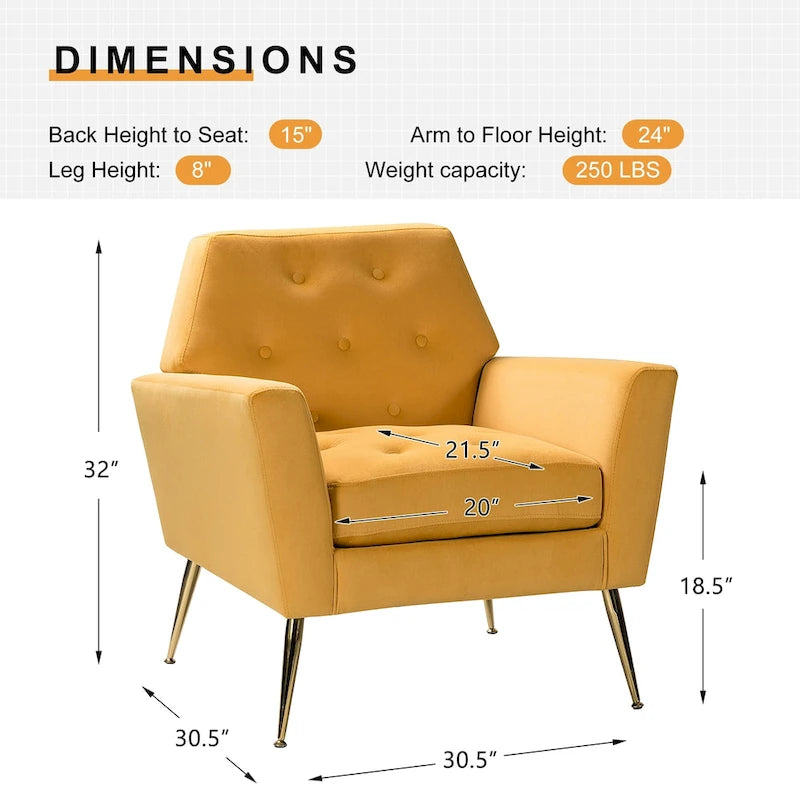 Fauteuil contemporain en velours capitonné avec pieds en métal doré par