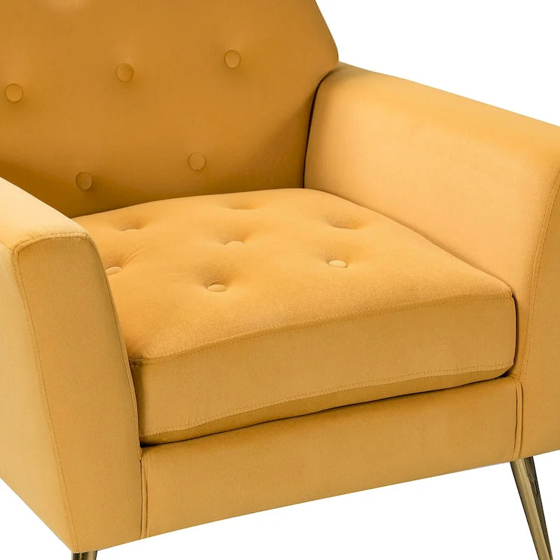 Fauteuil contemporain en velours capitonné avec pieds en métal doré par