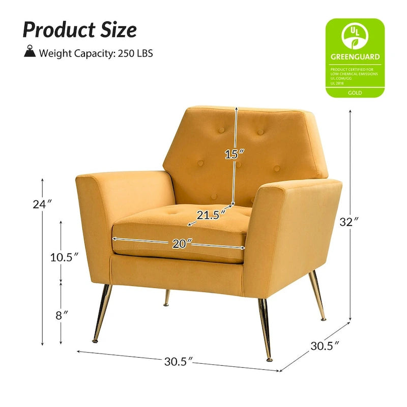 Fauteuil contemporain en velours capitonné avec pieds en métal doré par