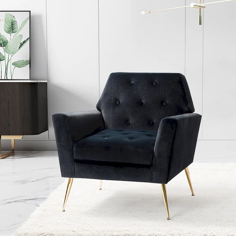 Fauteuil contemporain en velours capitonné avec pieds en métal doré par