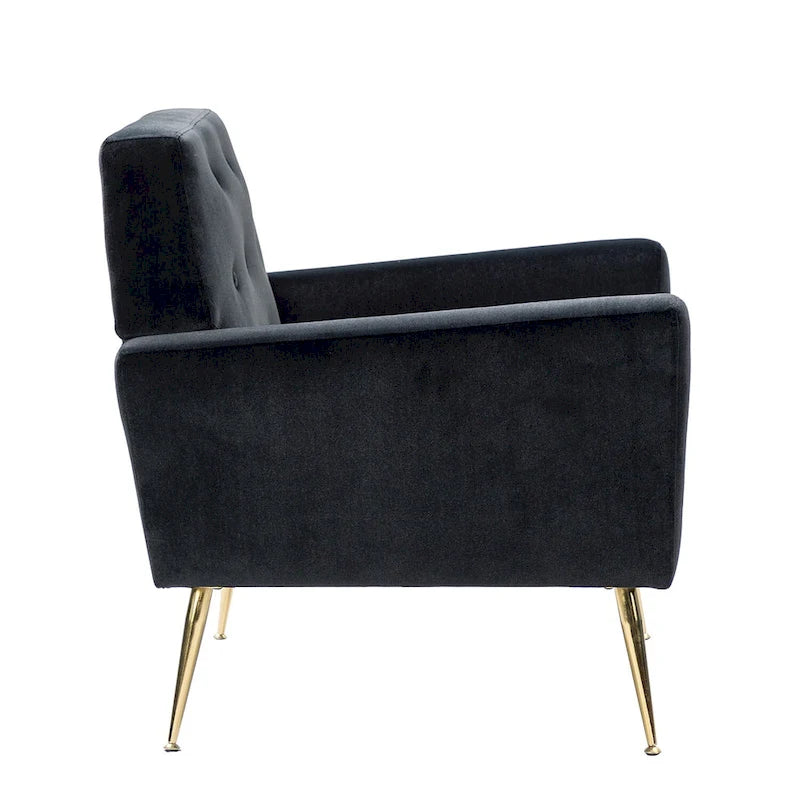 Fauteuil contemporain en velours capitonné avec pieds en métal doré par