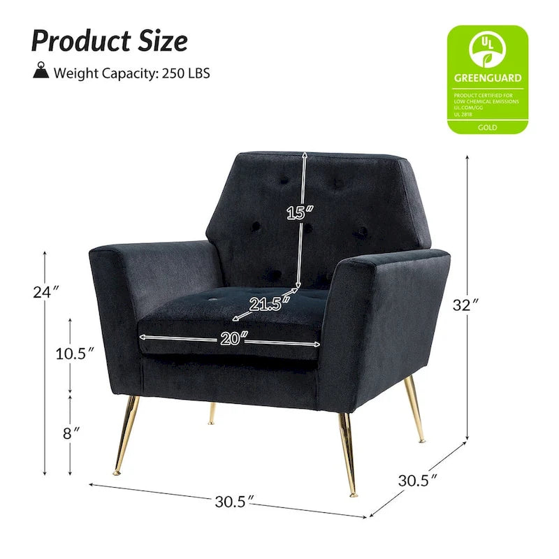 Fauteuil contemporain en velours capitonné avec pieds en métal doré par