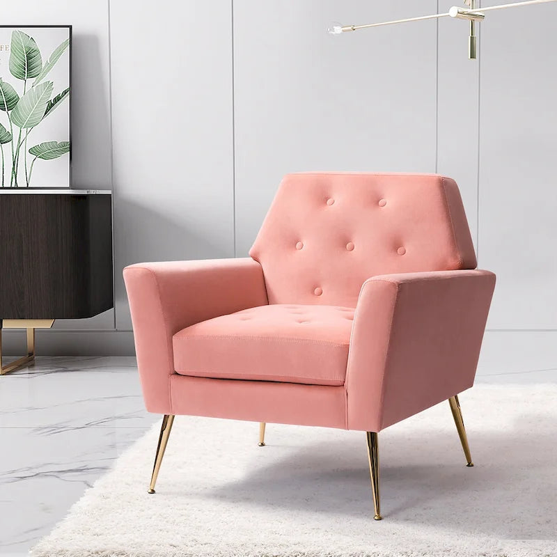 Fauteuil contemporain en velours capitonné avec pieds en métal doré par