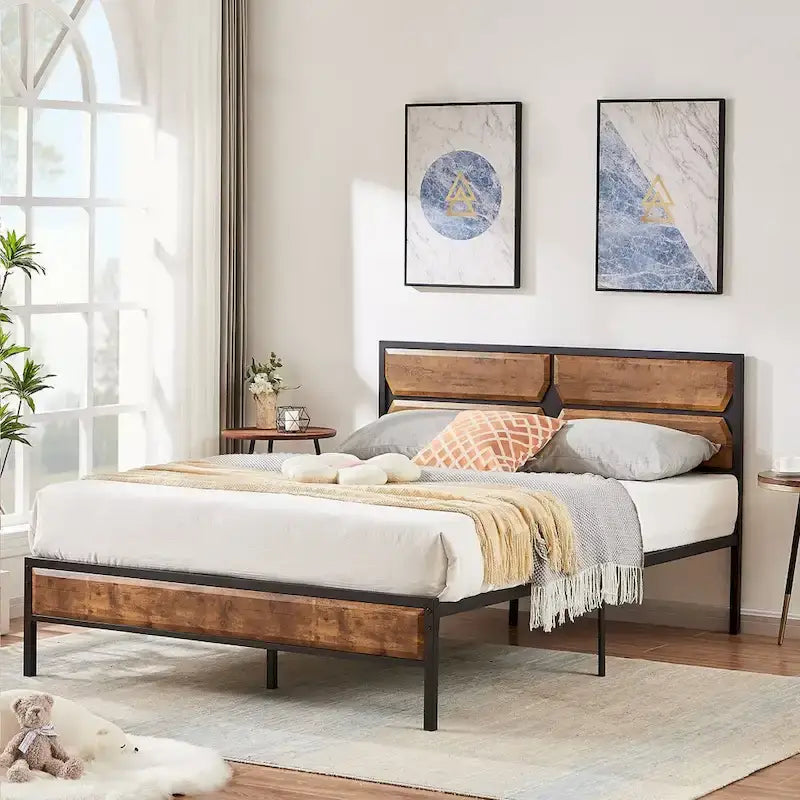 Cadre de lit plateforme double/double XL/grand lit avec tête de lit en bois, sommier tapissier non requis, assemblage facile