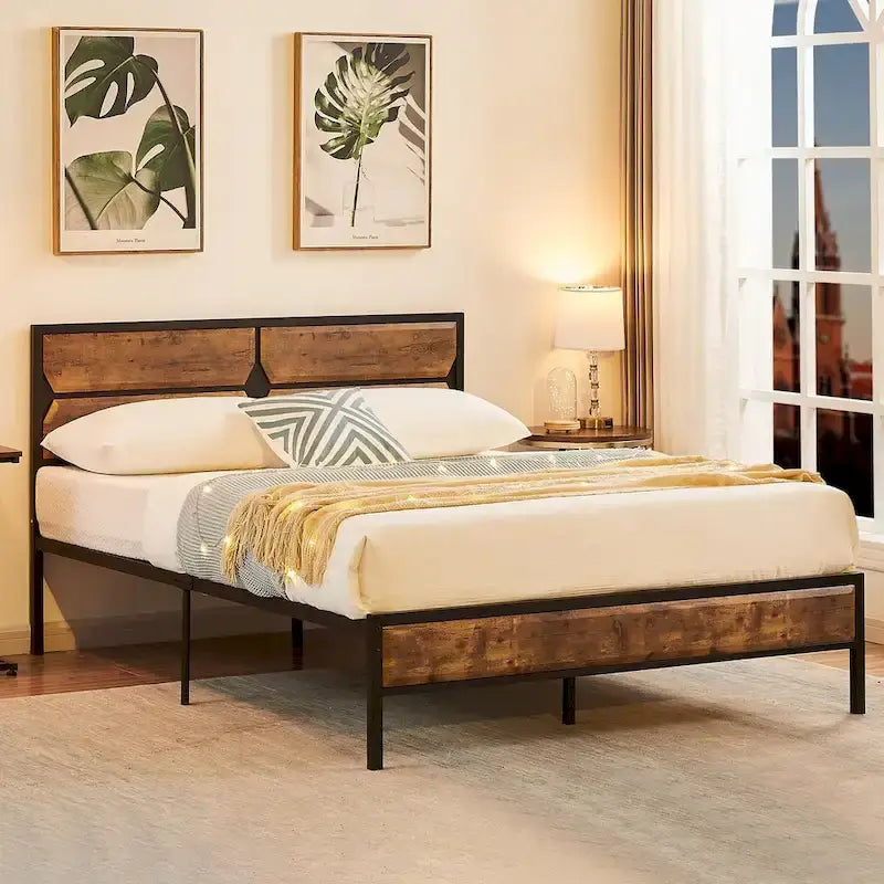 Cadre de lit plateforme double/double XL/grand lit avec tête de lit en bois, sommier tapissier non requis, assemblage facile