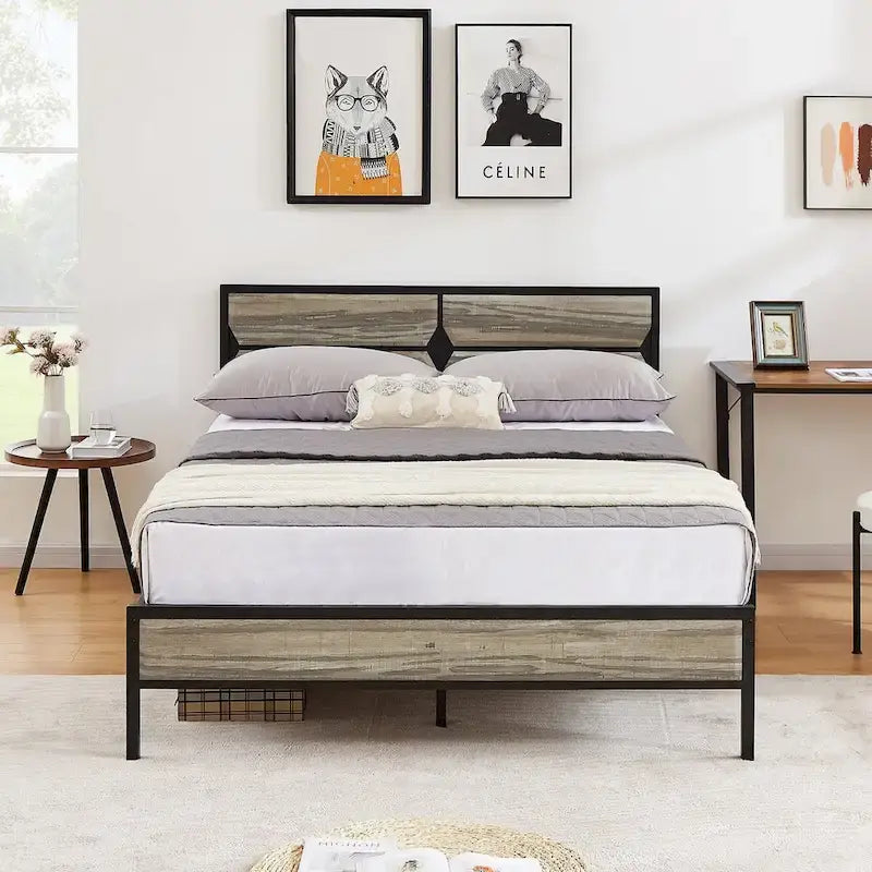 Cadre de lit plateforme double/double XL/grand lit avec tête de lit en bois, sommier tapissier non requis, assemblage facile