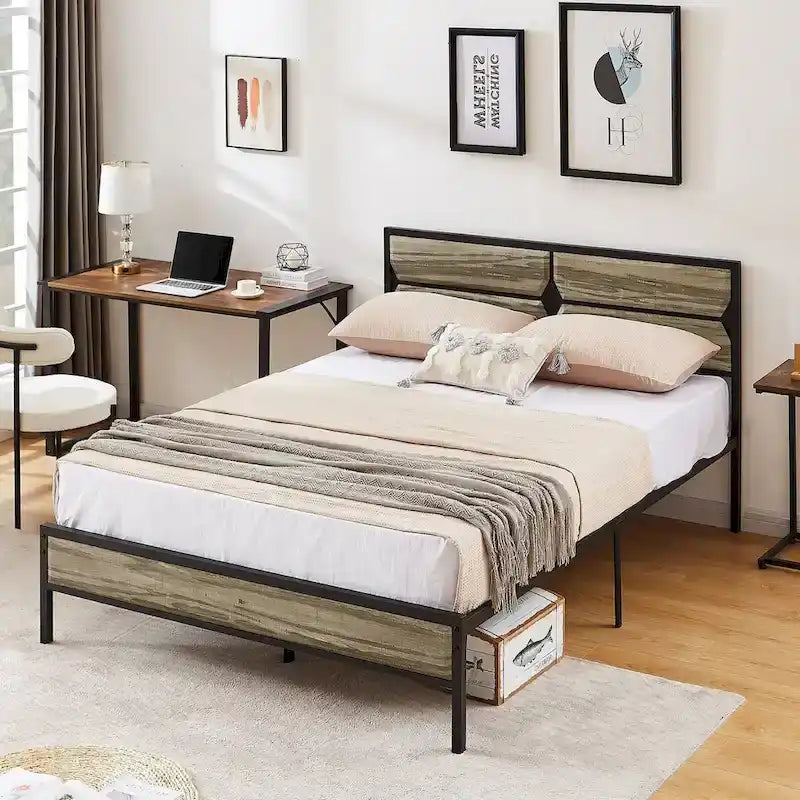 Cadre de lit plateforme double/double XL/grand lit avec tête de lit en bois, sommier tapissier non requis, assemblage facile