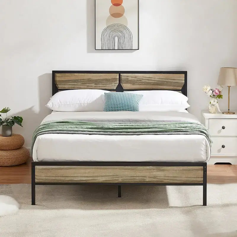 Cadre de lit plateforme double/double XL/grand lit avec tête de lit en bois, sommier tapissier non requis, assemblage facile