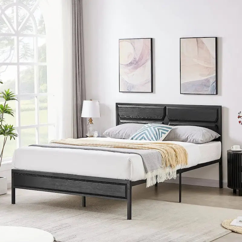 Cadre de lit plateforme double/double XL/grand lit avec tête de lit en bois, sommier tapissier non requis, assemblage facile