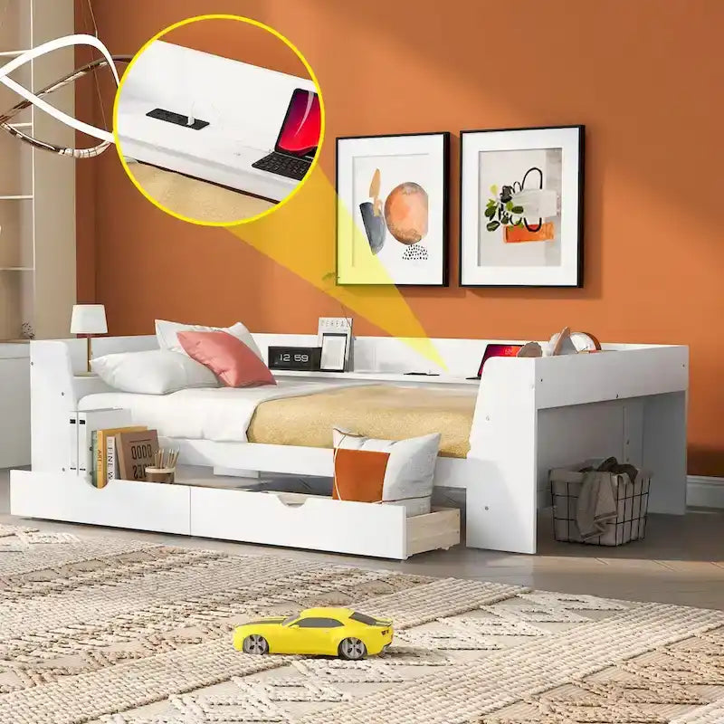 Lit de repos jumeau avec étagères, tiroirs et station de charge intégrée