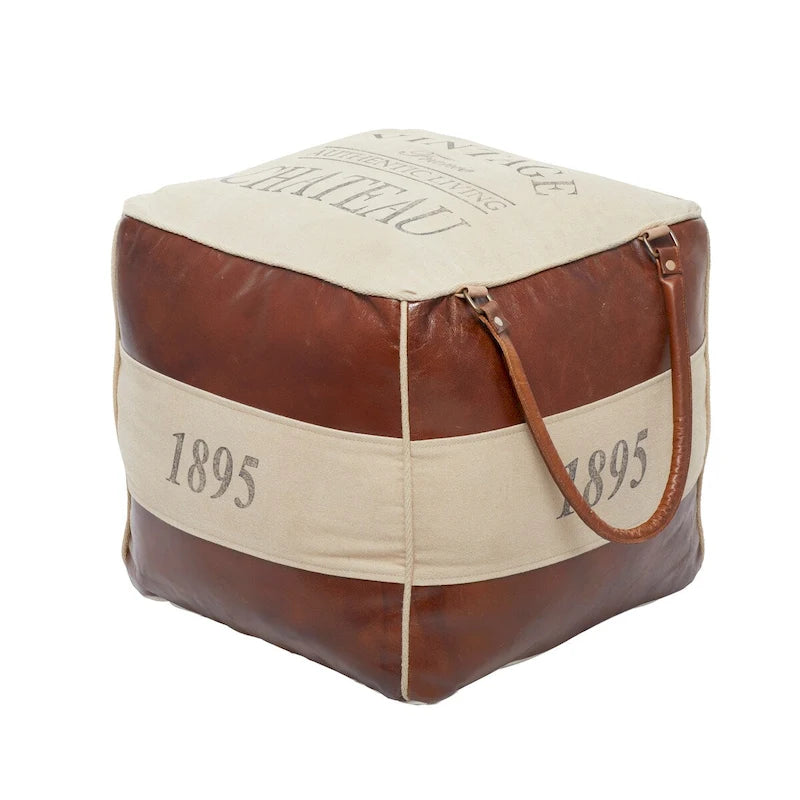 Pouf en toile avec poignées en cuir - Gris, marron, blanc, crème ou beige
