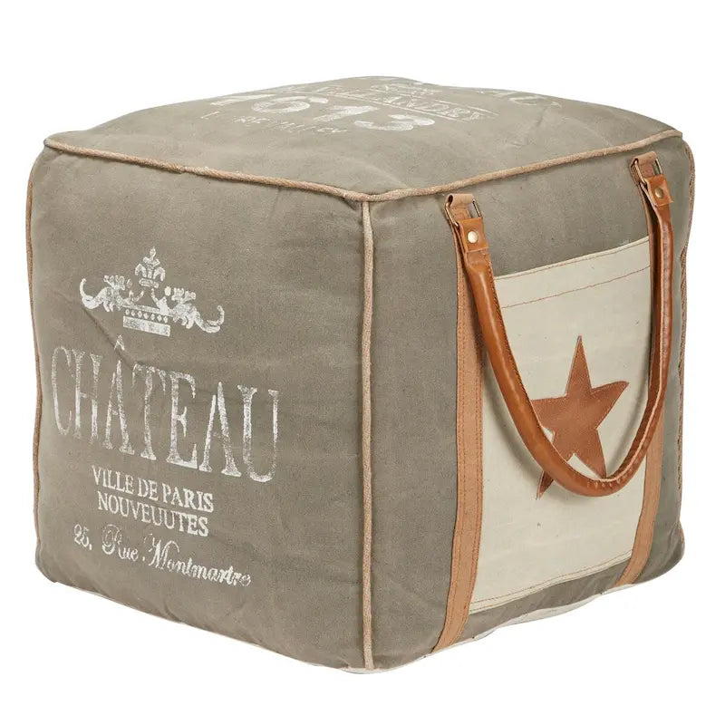 Pouf en toile avec poignées en cuir - Gris, marron, blanc, crème ou beige