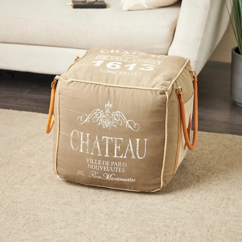 Pouf en toile avec poignées en cuir - Gris, marron, blanc, crème ou beige