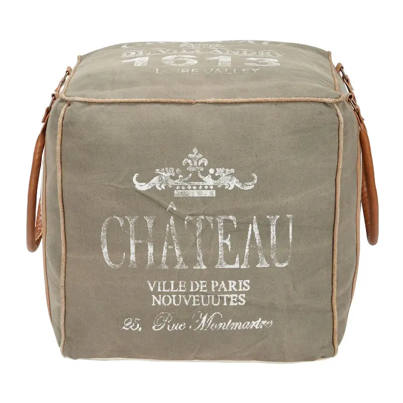 Pouf en toile avec poignées en cuir - Gris, marron, blanc, crème ou beige