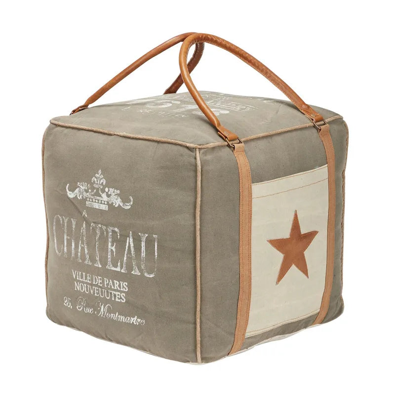 Pouf en toile avec poignées en cuir - Gris, marron, blanc, crème ou beige