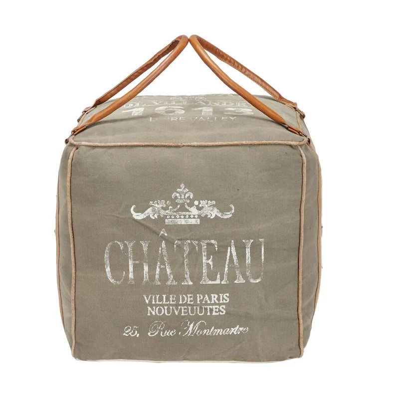 Pouf en toile avec poignées en cuir - Gris, marron, blanc, crème ou beige