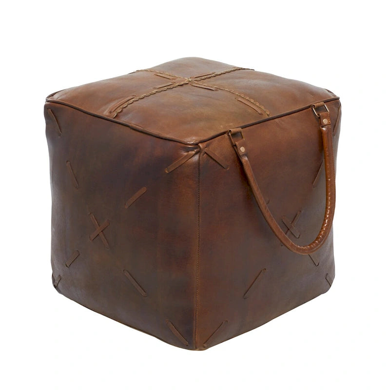 Pouf en toile avec poignées en cuir - Gris, marron, blanc, crème ou beige