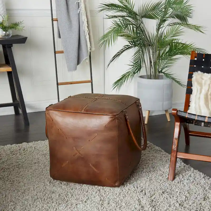 Pouf en toile avec poignées en cuir - Gris, marron, blanc, crème ou beige