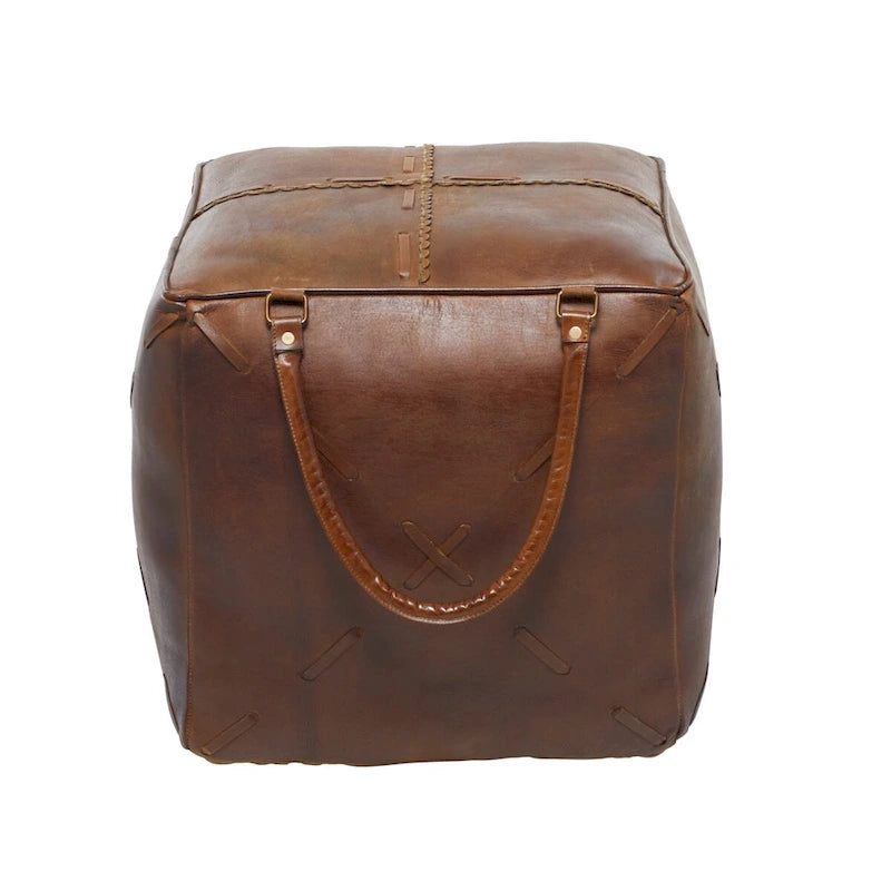 Pouf en toile avec poignées en cuir - Gris, marron, blanc, crème ou beige