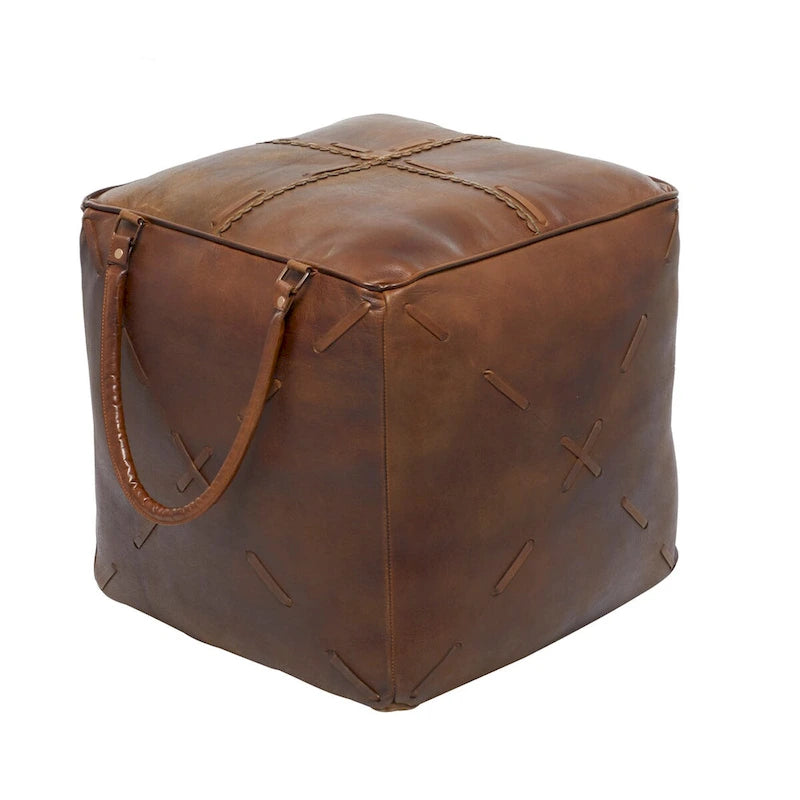 Pouf en toile avec poignées en cuir - Gris, marron, blanc, crème ou beige