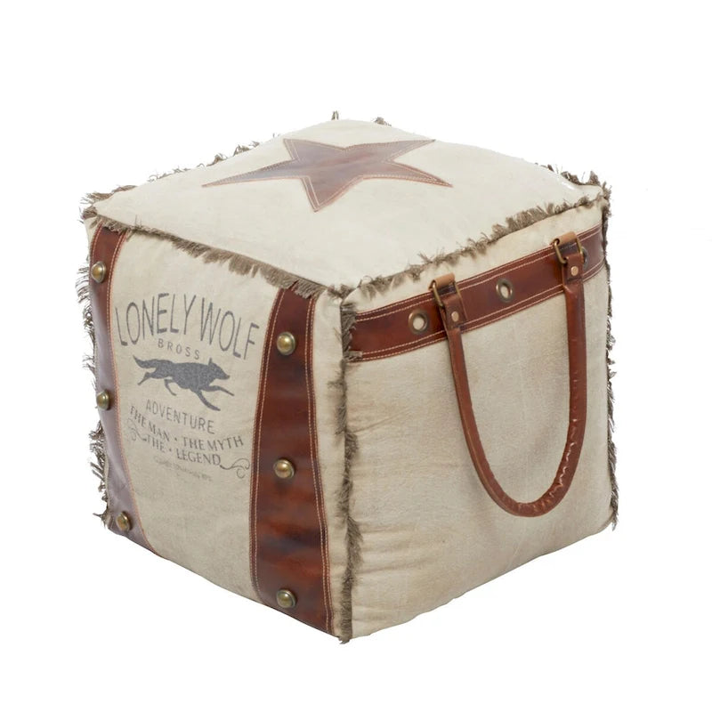 Pouf en toile avec poignées en cuir - Gris, marron, blanc, crème ou beige