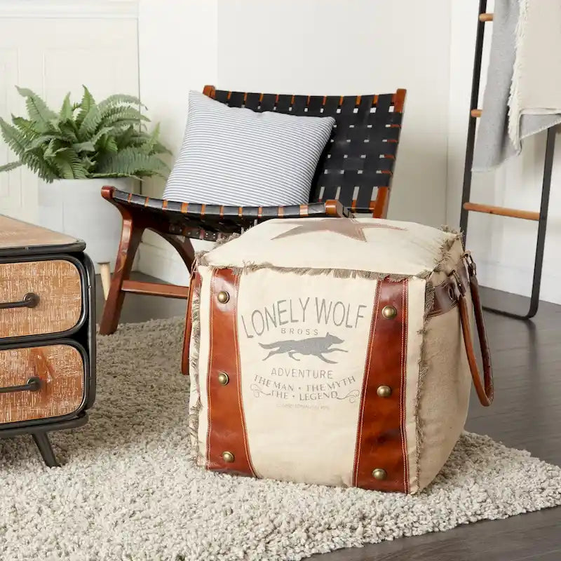 Pouf en toile avec poignées en cuir - Gris, marron, blanc, crème ou beige