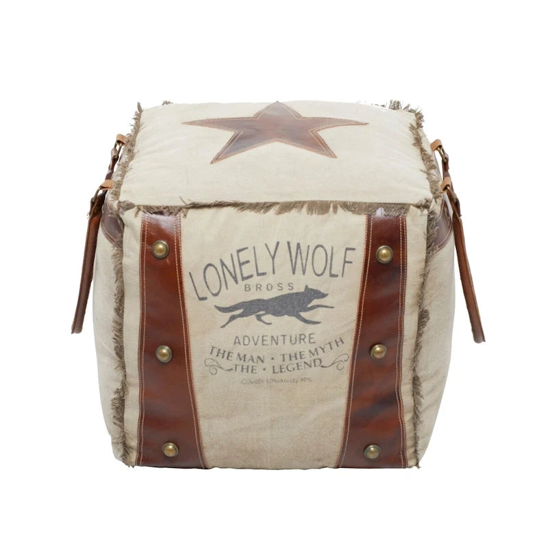 Pouf en toile avec poignées en cuir - Gris, marron, blanc, crème ou beige