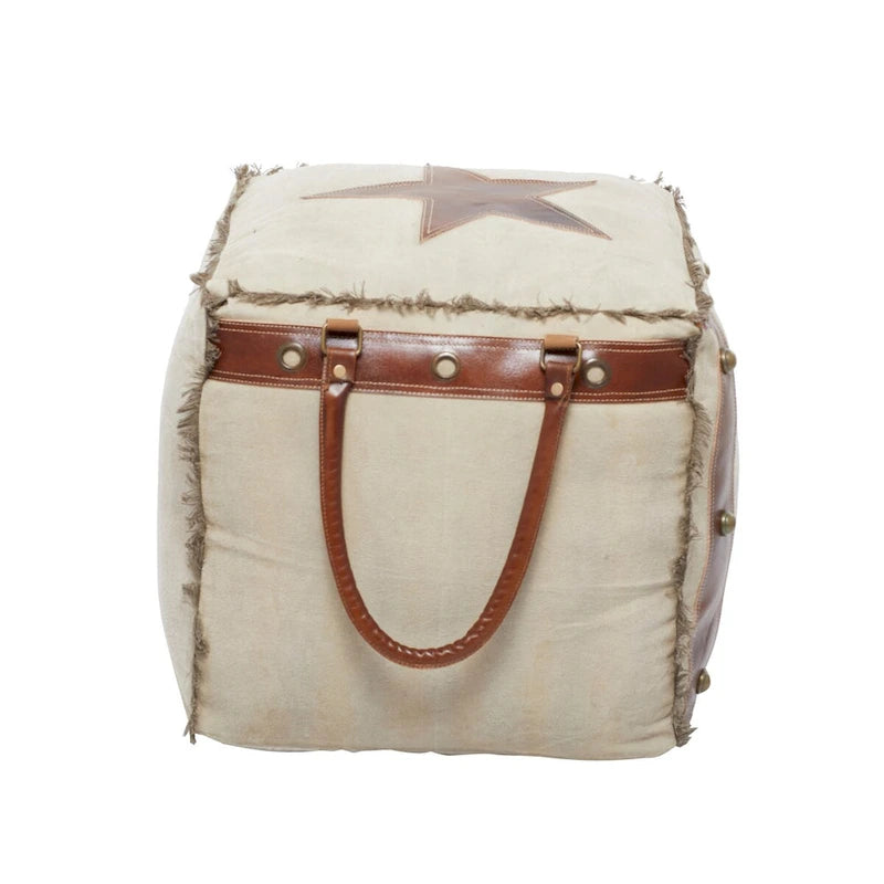 Pouf en toile avec poignées en cuir - Gris, marron, blanc, crème ou beige