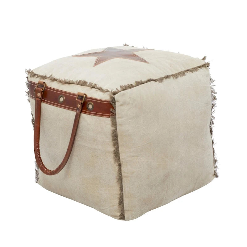 Pouf en toile avec poignées en cuir - Gris, marron, blanc, crème ou beige