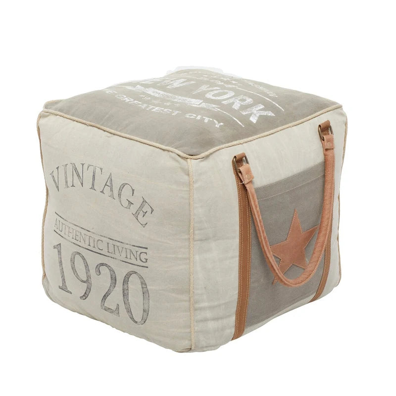 Pouf en toile avec poignées en cuir - Gris, marron, blanc, crème ou beige
