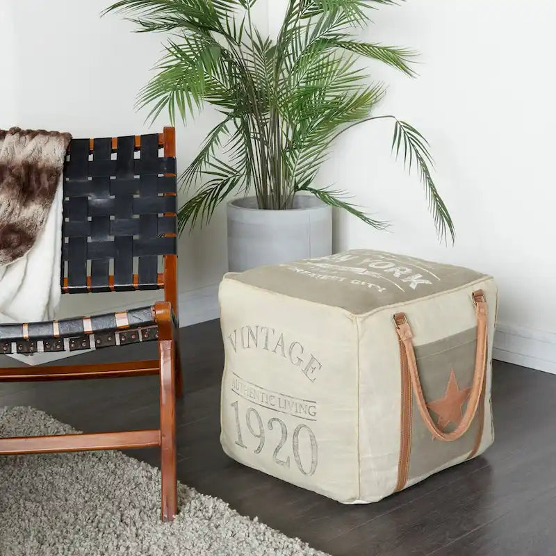 Pouf en toile avec poignées en cuir - Gris, marron, blanc, crème ou beige