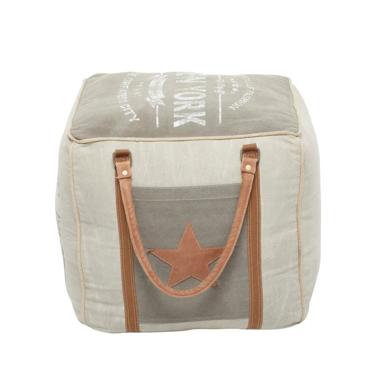 Pouf en toile avec poignées en cuir - Gris, marron, blanc, crème ou beige