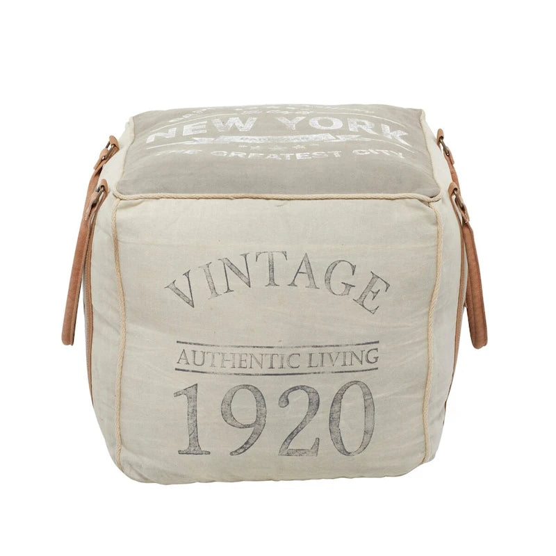 Pouf en toile avec poignées en cuir - Gris, marron, blanc, crème ou beige