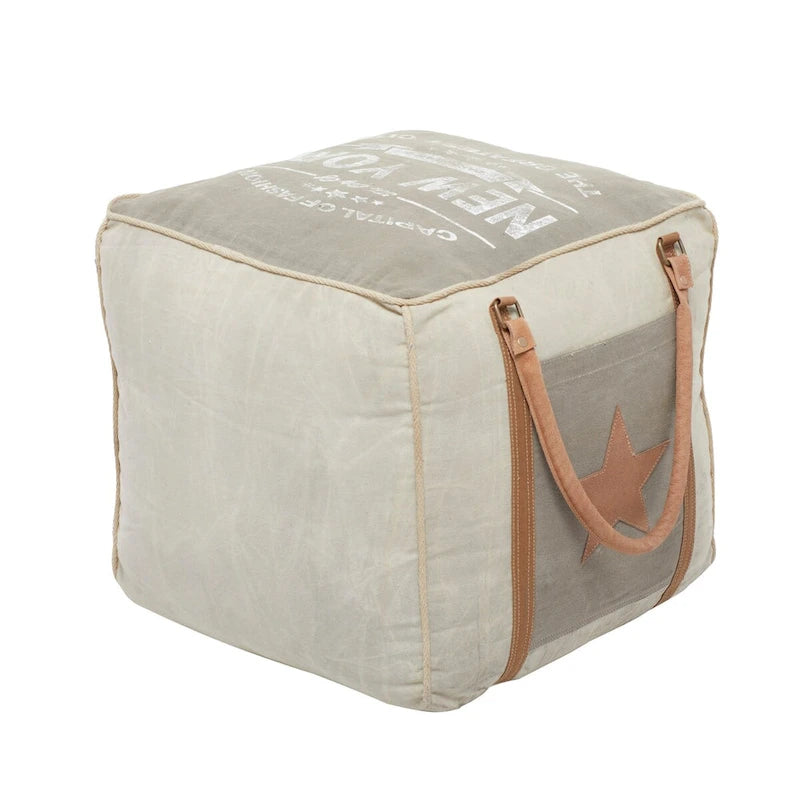 Pouf en toile avec poignées en cuir - Gris, marron, blanc, crème ou beige