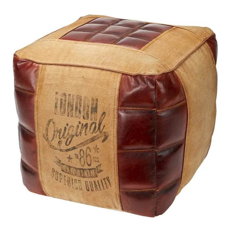 Pouf en toile avec poignées en cuir - Gris, marron, blanc, crème ou beige