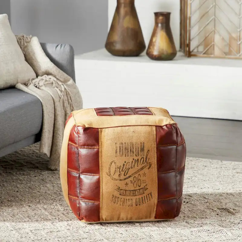 Pouf en toile avec poignées en cuir - Gris, marron, blanc, crème ou beige
